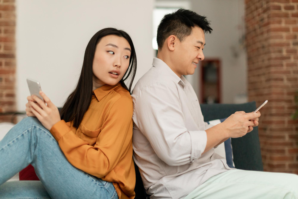 Istri yang sedang mengintip handphon suaminya - cara mengetahui suami main judi slot online